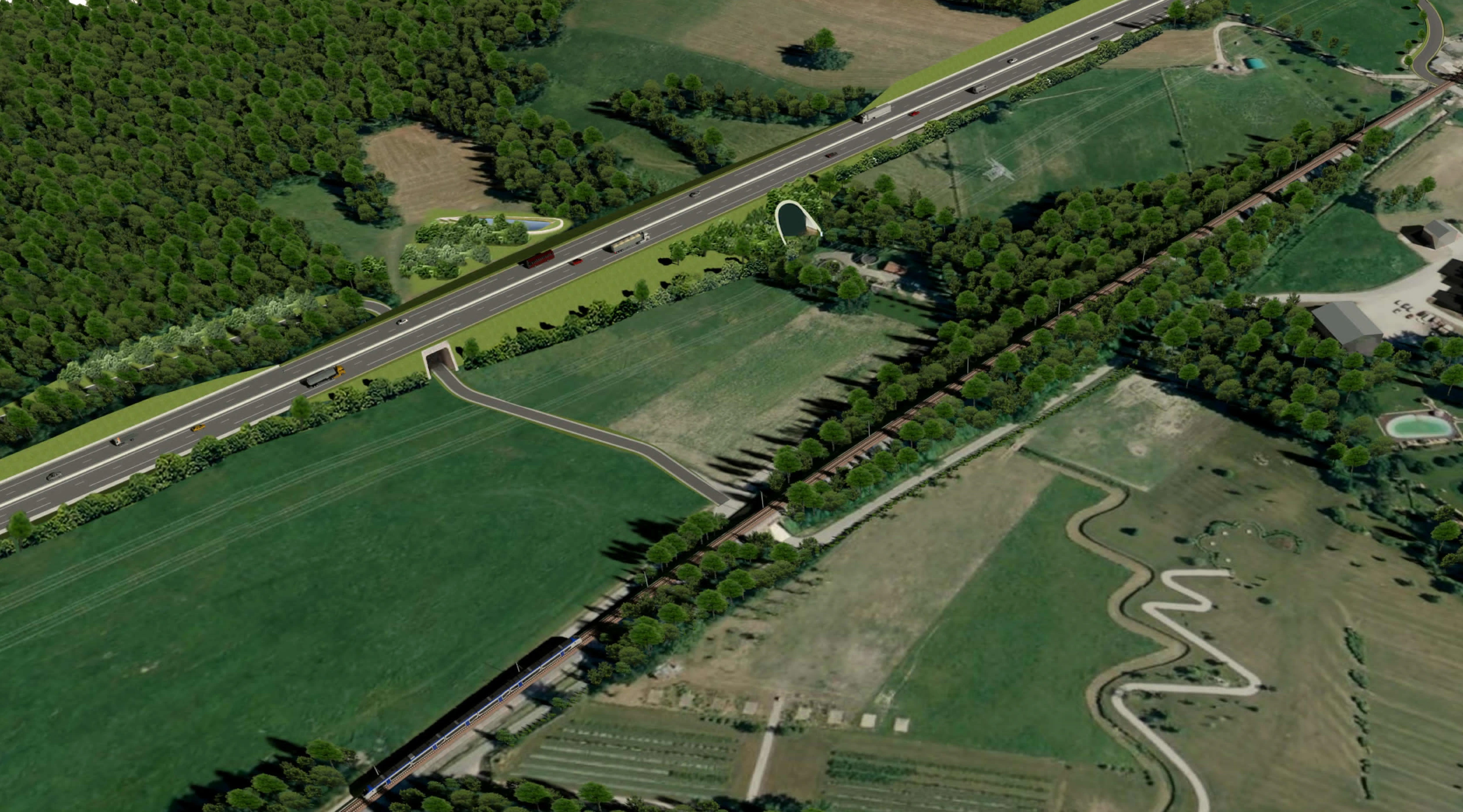 Image de la maquette 3D montrant le tracé de l'autoroute A412 en proximité du chateau de Buffavens