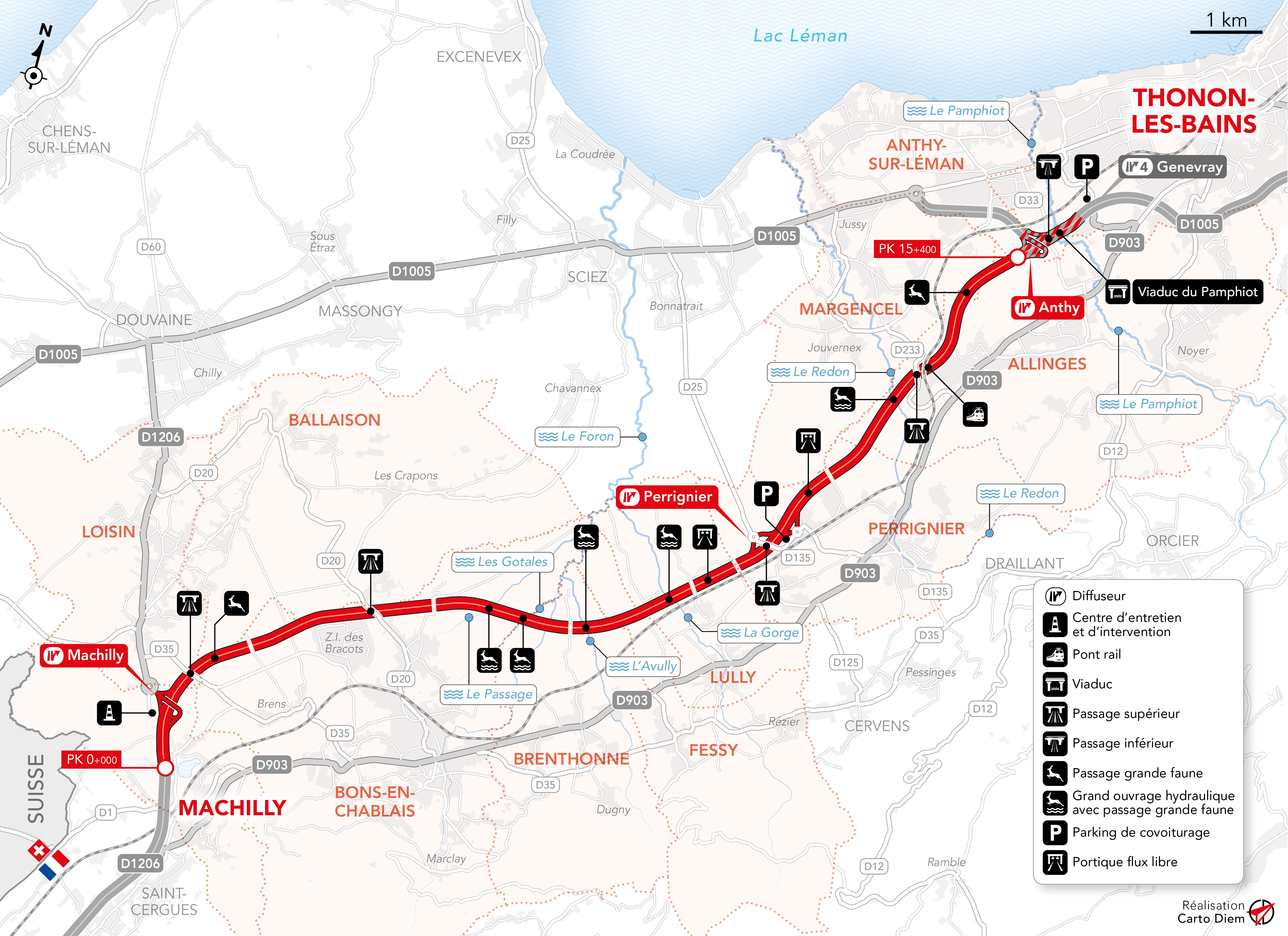 carte simplifiée du projet d'autoroute A412 - voir description détaillée