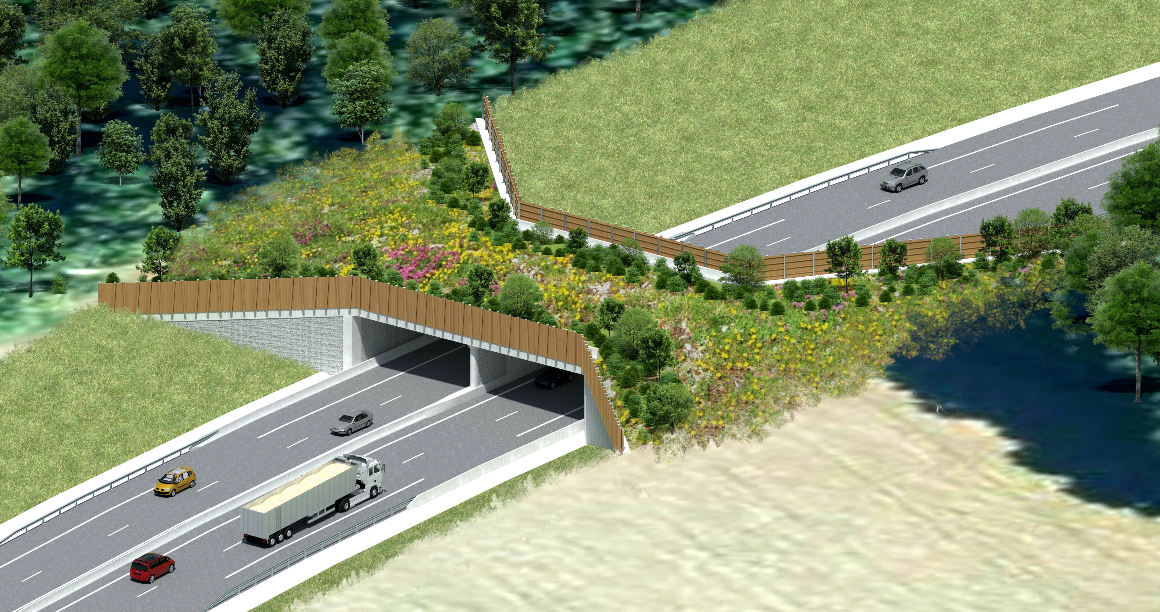 Image montrant une maquette 3D d'un ouvrage conçu pour faciliter le passage de la grande faune au dessus de l'autoroute