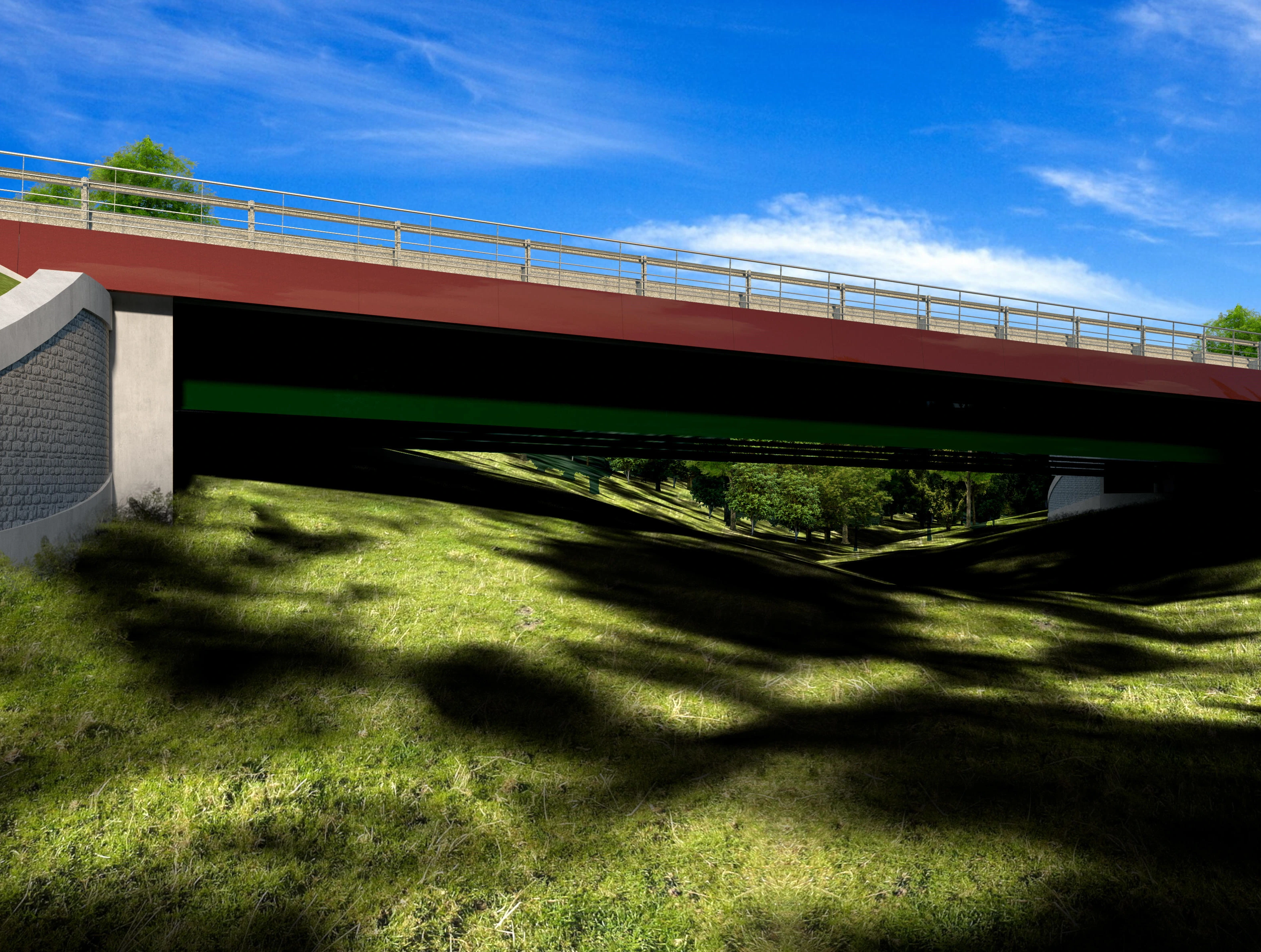 Image montrant une maquette 3D d'un viaduc longue portée afin de préserver le passage inférieur de la faune et du cours d'eau